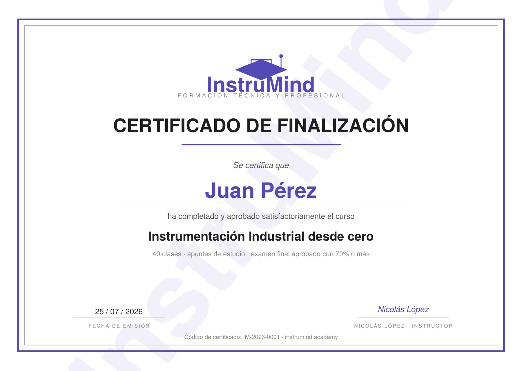 Certificado de finalización de InstruMind